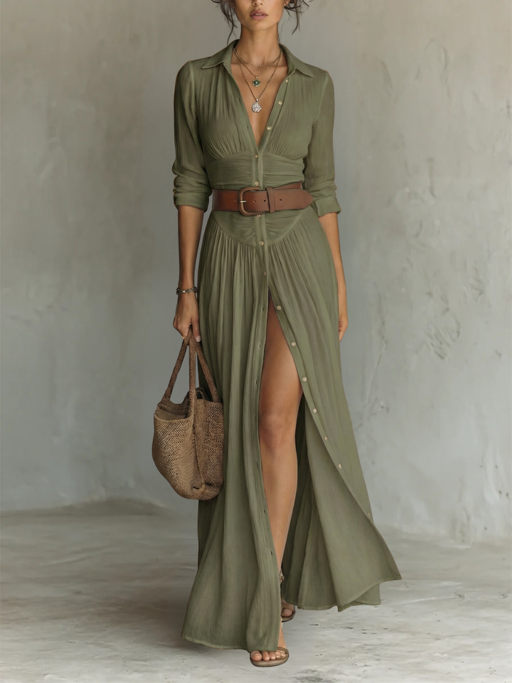 Pleated Maxi Dress with Notched Collar and Long Sleeves for Women