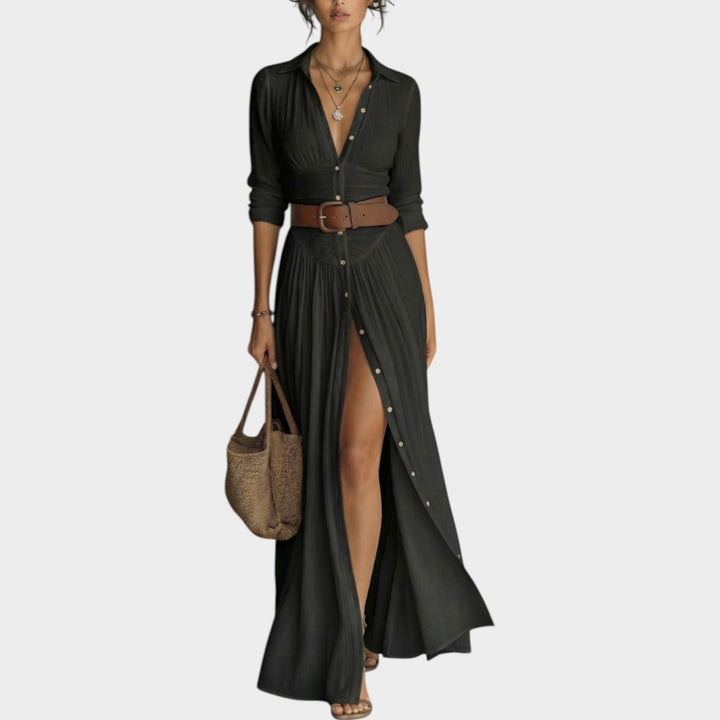 Collared Button-Front Maxi Dress with Adjustable Tie Belt