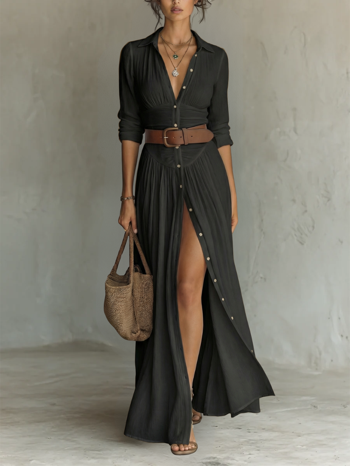 Women's Pleated Maxi Dress with Notched Collar and Button Front