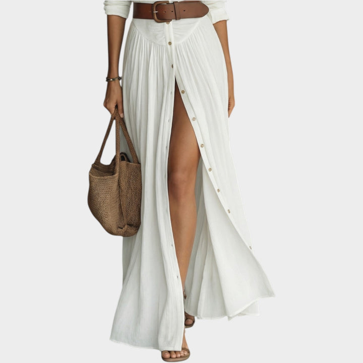 Collared Button-Front Maxi Dress with Adjustable Tie Belt