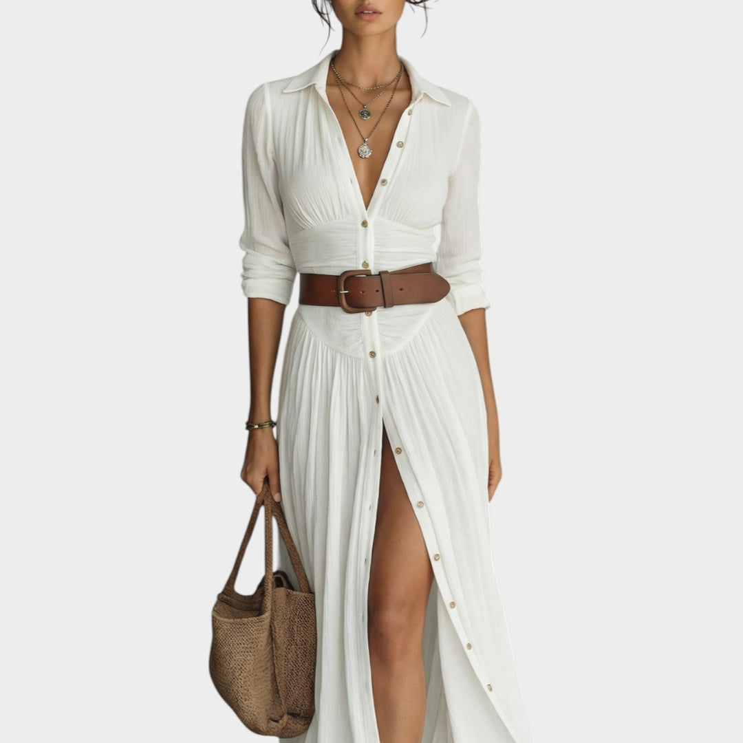 Collared Button-Front Maxi Dress with Adjustable Tie Belt