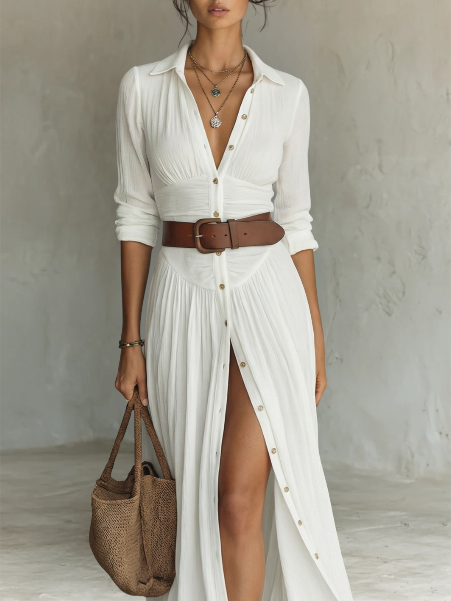 Women's Pleated Maxi Dress with Notched Collar and Button Front