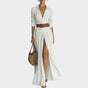 Collared Button-Front Maxi Dress with Adjustable Tie Belt