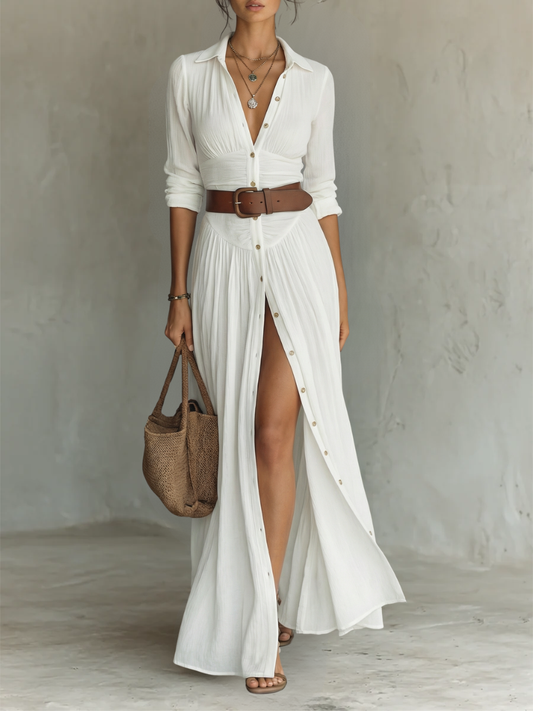 Pleated Maxi Dress with Notched Collar and Long Sleeves for Women