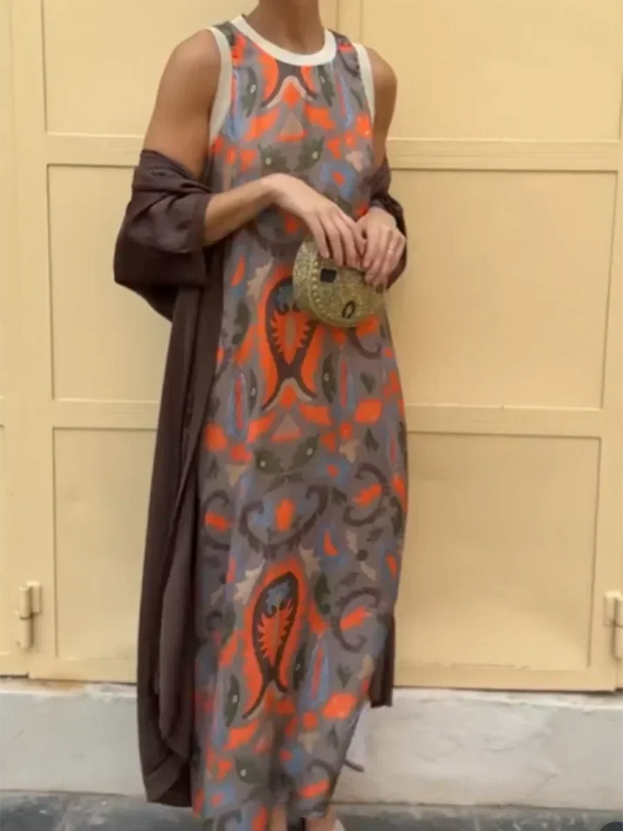 Sleeveless Maxi Dress with Bohemian Pattern and Two-Piece Set
