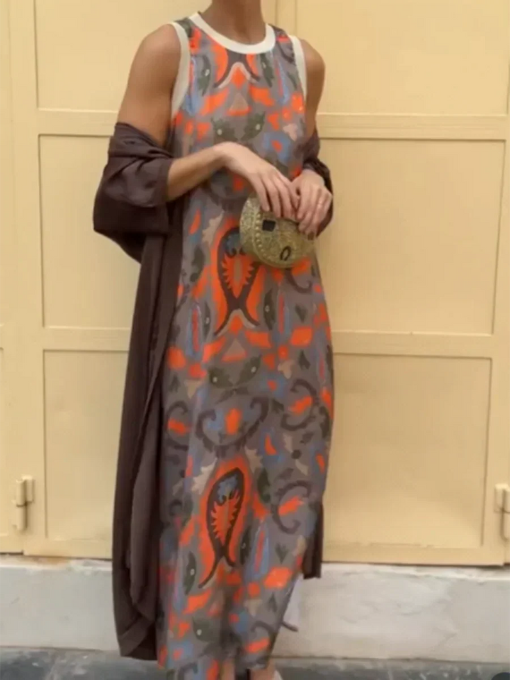 Sleeveless Maxi Dress with Bohemian Pattern and Two-Piece Set