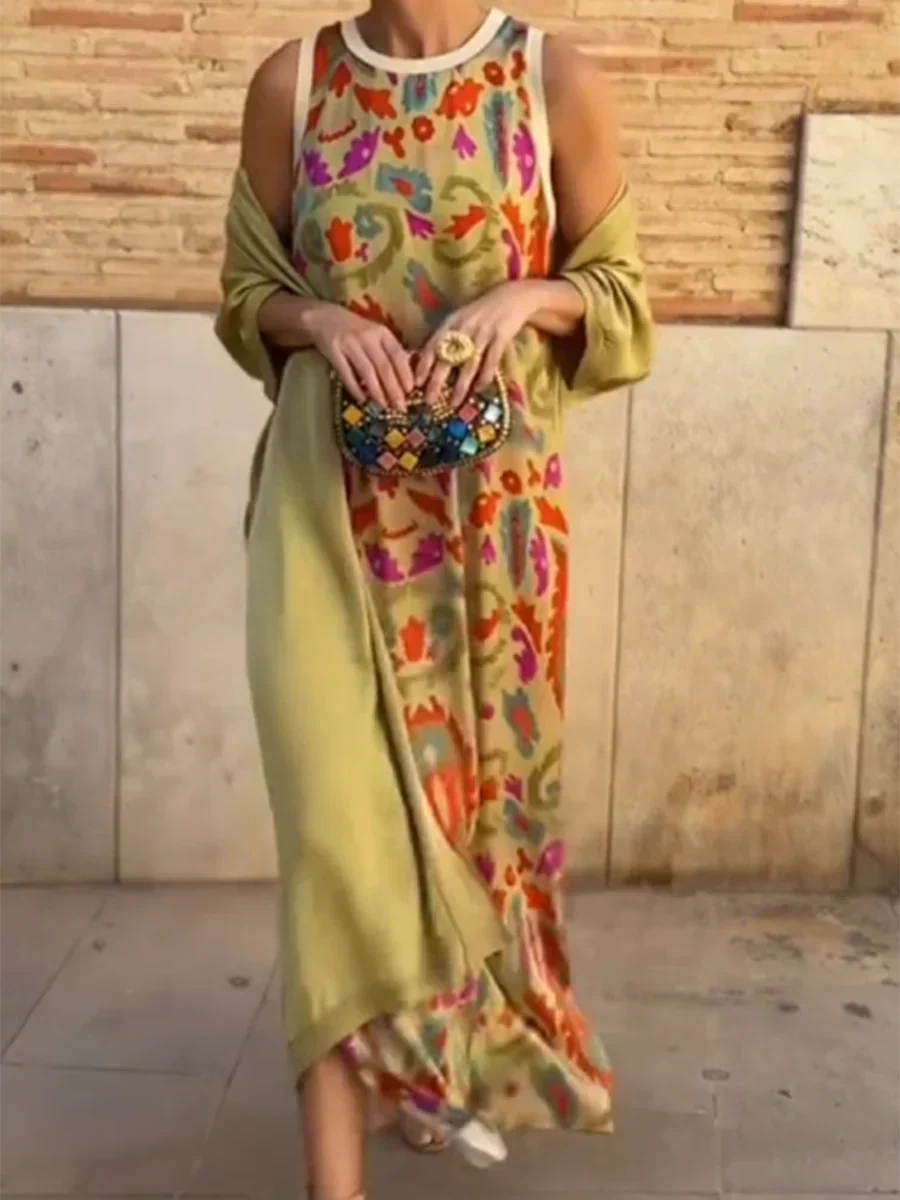 Sleeveless Maxi Dress with Bohemian Pattern and Two-Piece Set