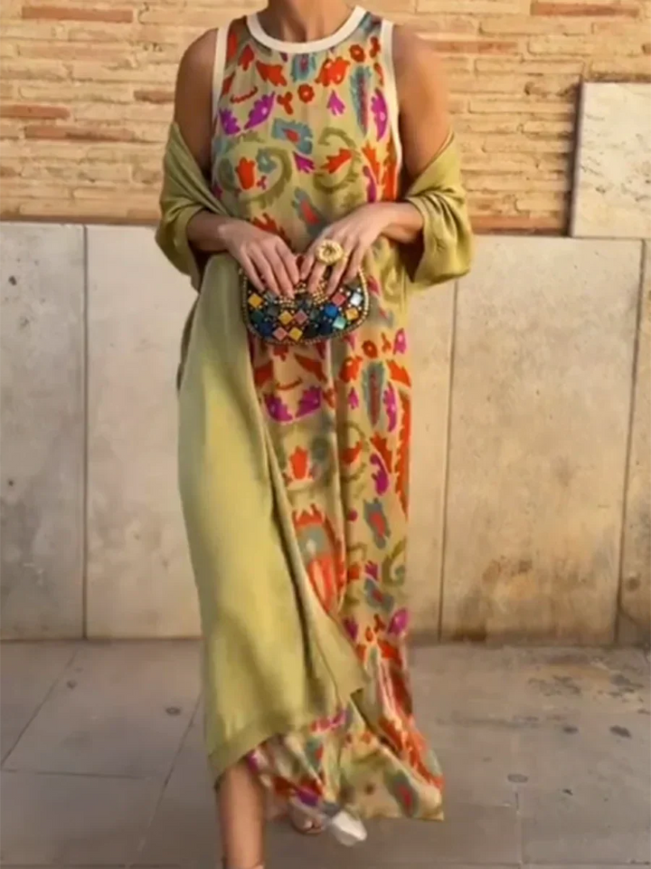 Sleeveless Maxi Dress with Bohemian Pattern and Two-Piece Set