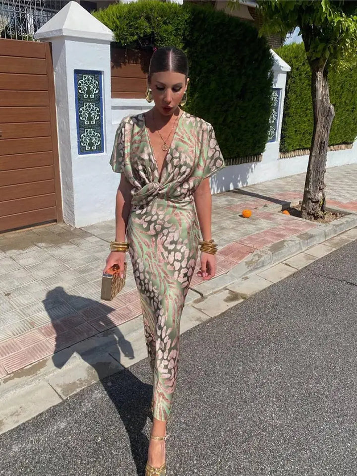 Wrap Maxi Dress with Deep V-Neckline and Floor-Length Design