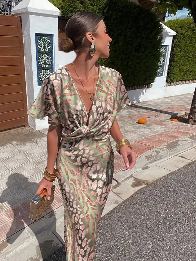 Wrap Maxi Dress with Deep V-Neckline and Floor-Length Design