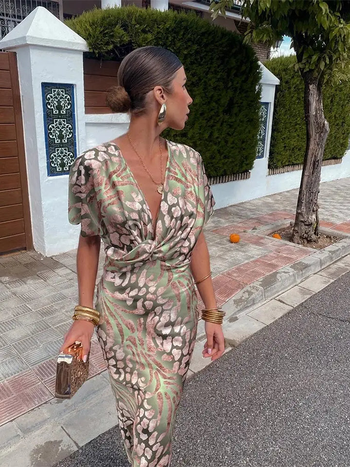 Wrap Maxi Dress with Deep V-Neckline and Floor-Length Design
