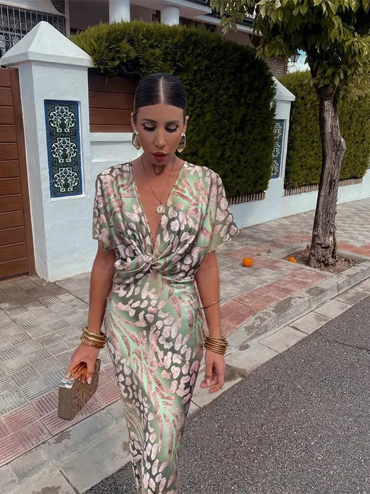 Wrap Maxi Dress with Deep V-Neckline and Floor-Length Design