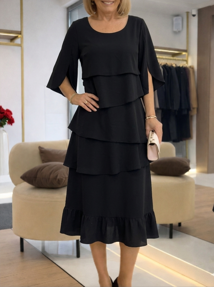 Women's A-Line Midi Dress with Layered Ruffles and Split Sleeves, Cotton Blend