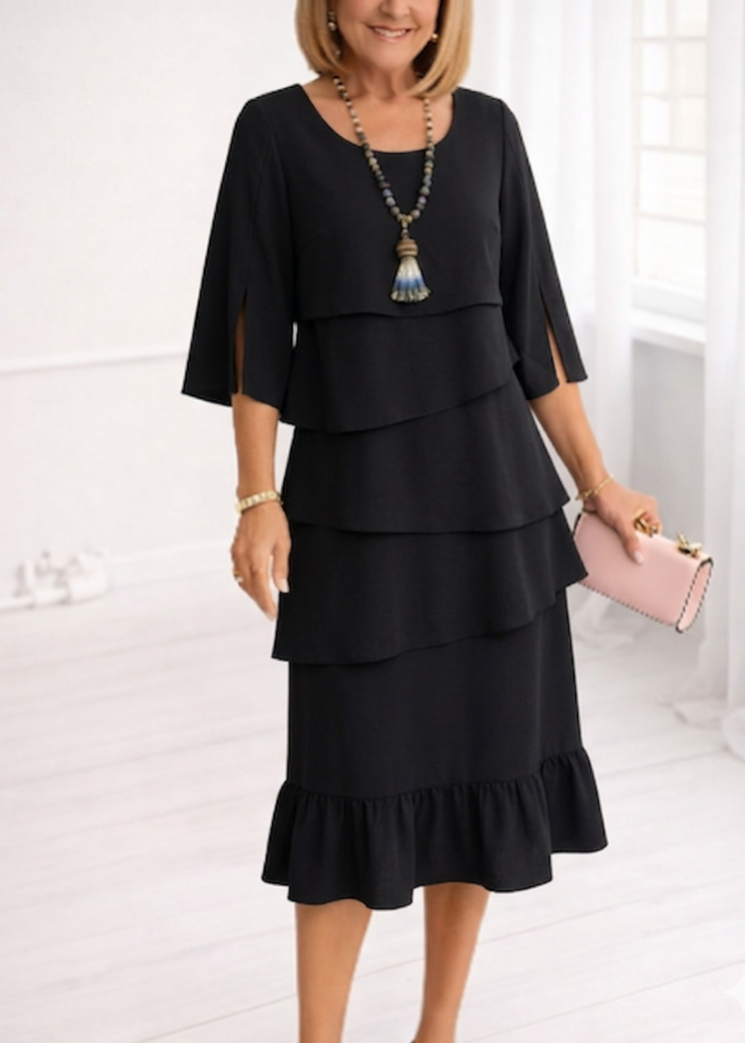 Women's A-Line Midi Dress with Layered Ruffles and Split Sleeves, Cotton Blend