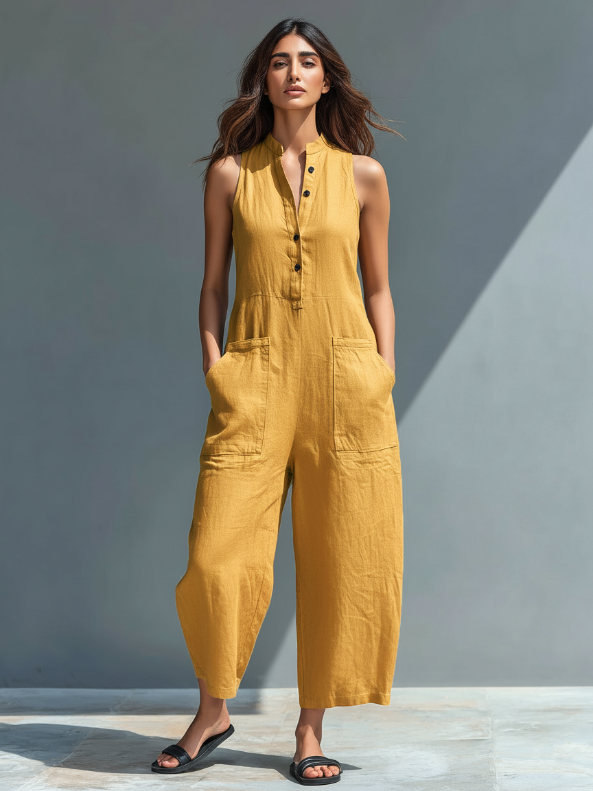 Sleeveless Jumpsuit with Mandarin Collar and Wide Leg Cut