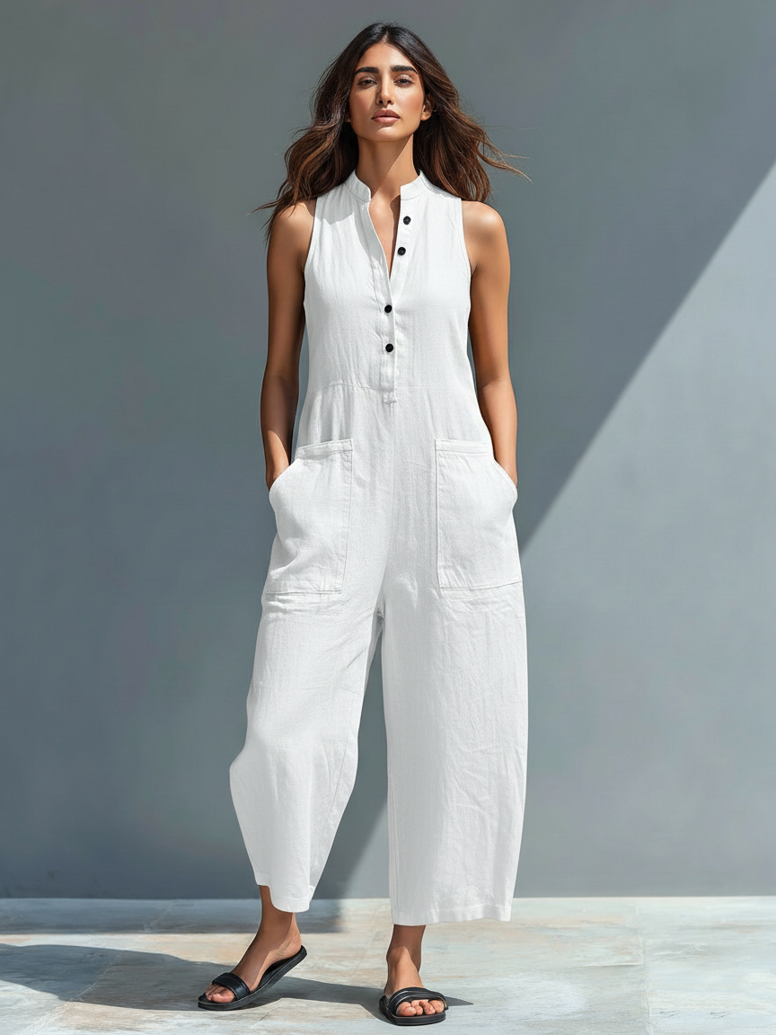 Sleeveless Jumpsuit with Mandarin Collar and Wide Leg Cut