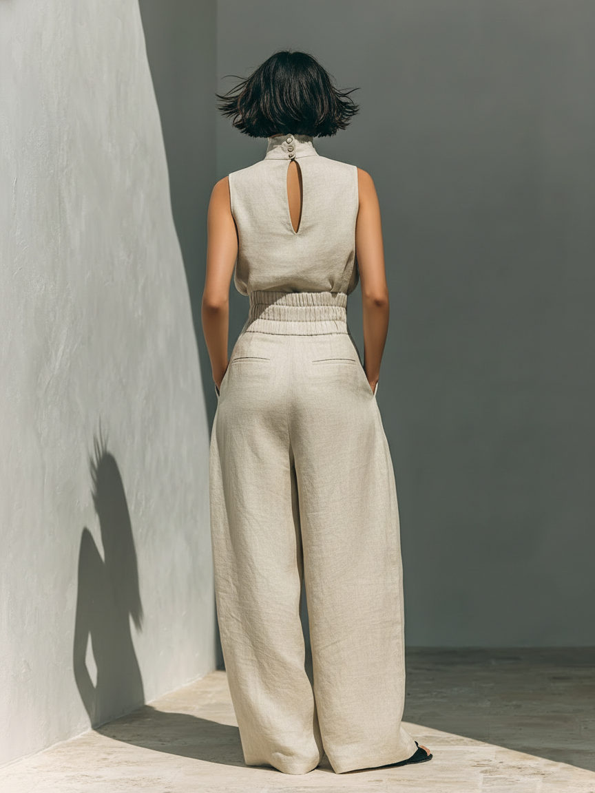 Women's Sleeveless Tank Top and Full-Length Pants Set with Cotton Linen Blend