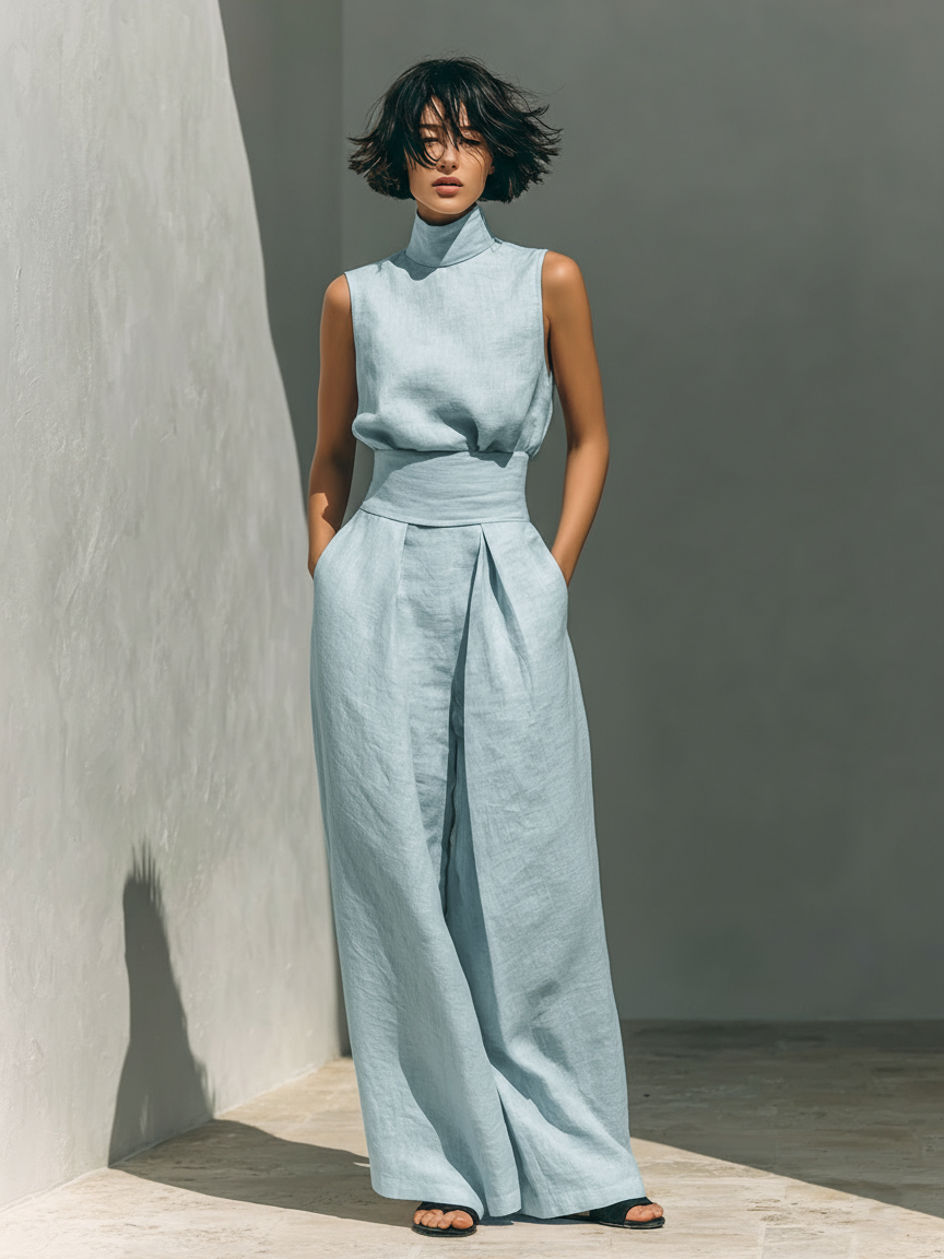 Women's Sleeveless Tank Top and Full-Length Pants Set with Cotton Linen Blend