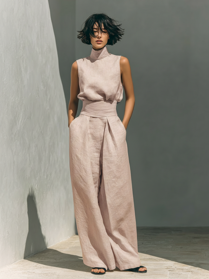 Women's Sleeveless Tank Top and Wide-Leg Pants Set with Cotton Linen Blend