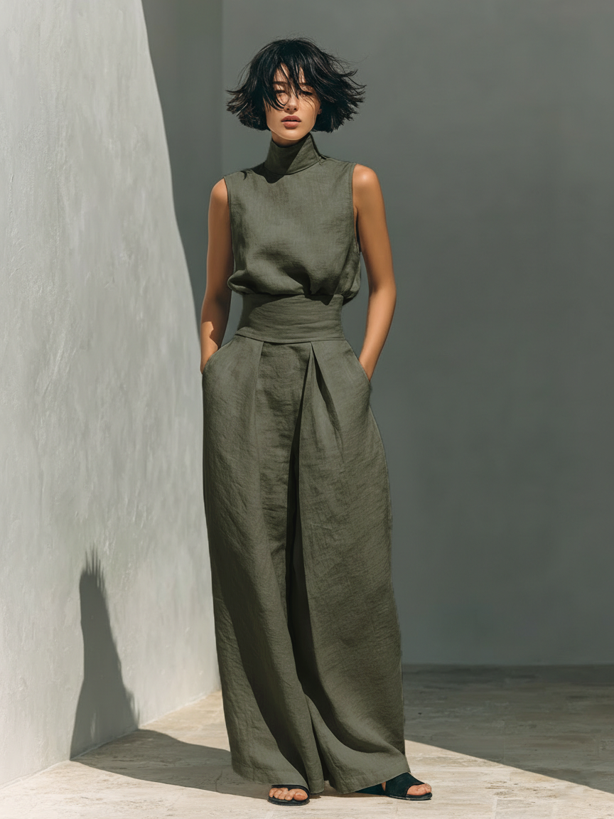 Women's Tank Top and Wide-Leg Pants Set with Cotton Linen Blend