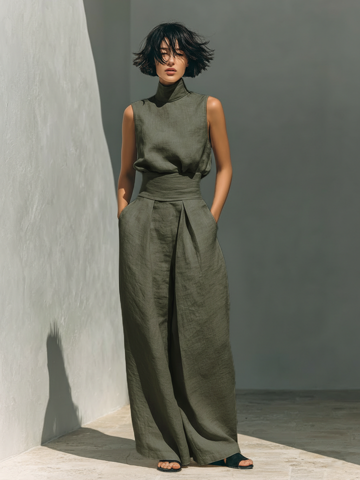 Women's Sleeveless Tank Top and Full-Length Pants Set with Cotton Linen Blend