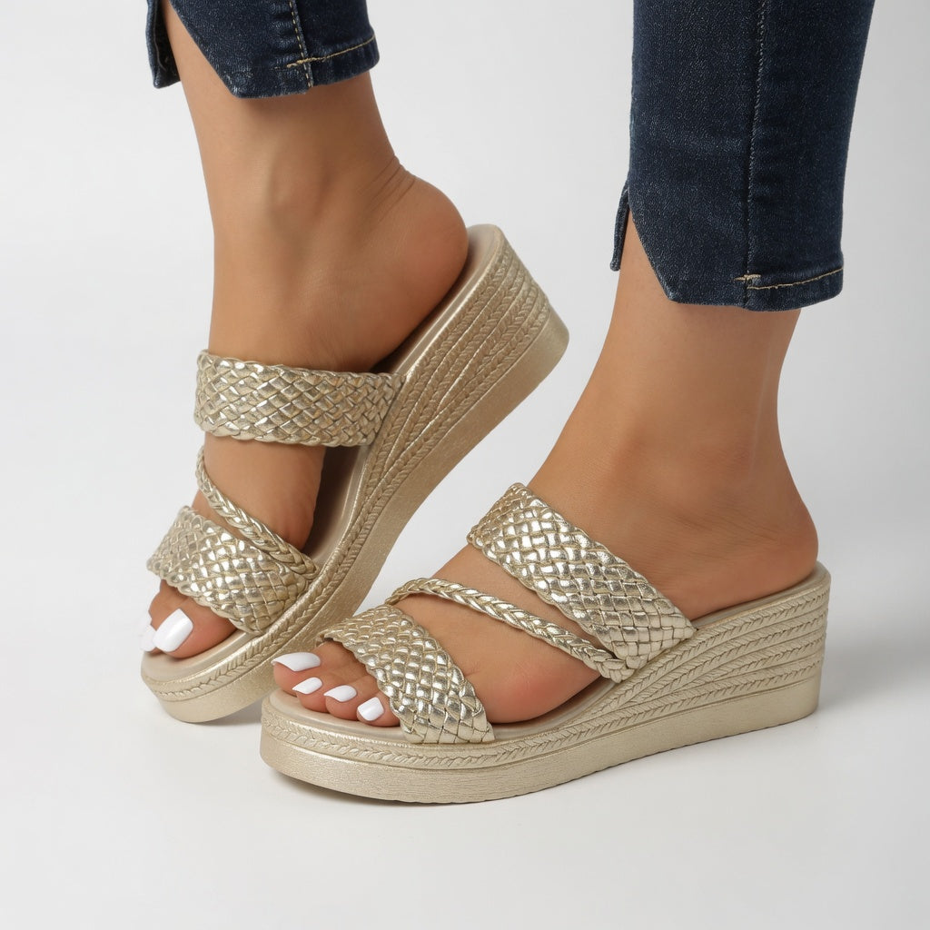 Woven Wedge Mule with Open-Toe Design and Slip-On Access, Multiple Colors