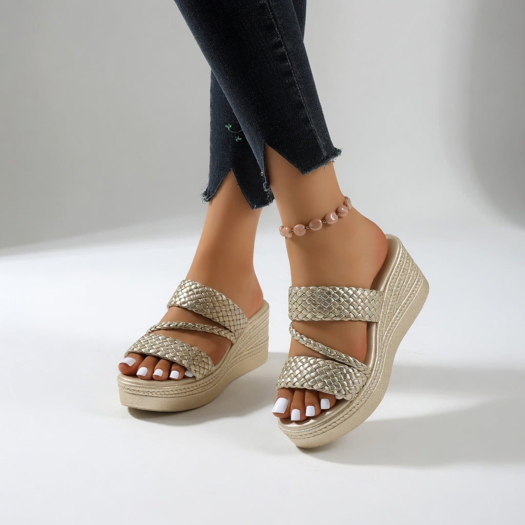 Woven Wedge Mule with Open-Toe Design and Slip-On Access, Multiple Colors