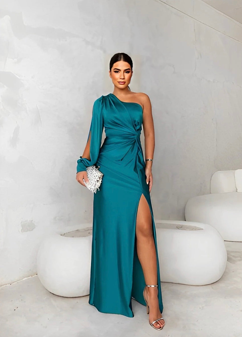 One-Shoulder Green Maxi Dress with Open Sleeve and Front Slit