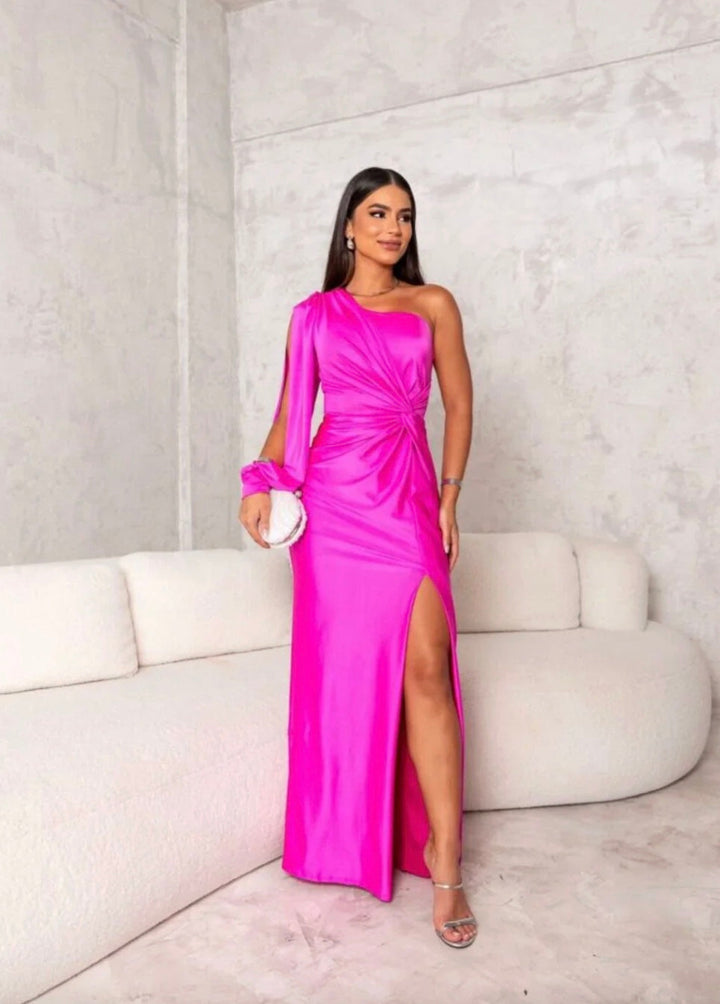 One-Shoulder Green Maxi Dress with Open Sleeve and Front Slit