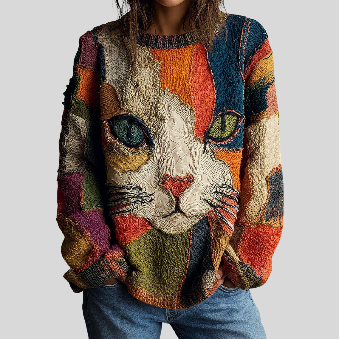 Artistic Cat Print Top with Relaxed Fit and Round Neckline, Long Sleeve