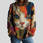 Artistic Cat Print Top with Relaxed Fit and Round Neckline, Long Sleeve