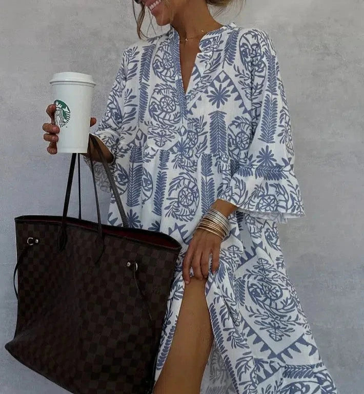 Women's Long Sleeve Mini Dress with Bohemian Print and Relaxed Fit