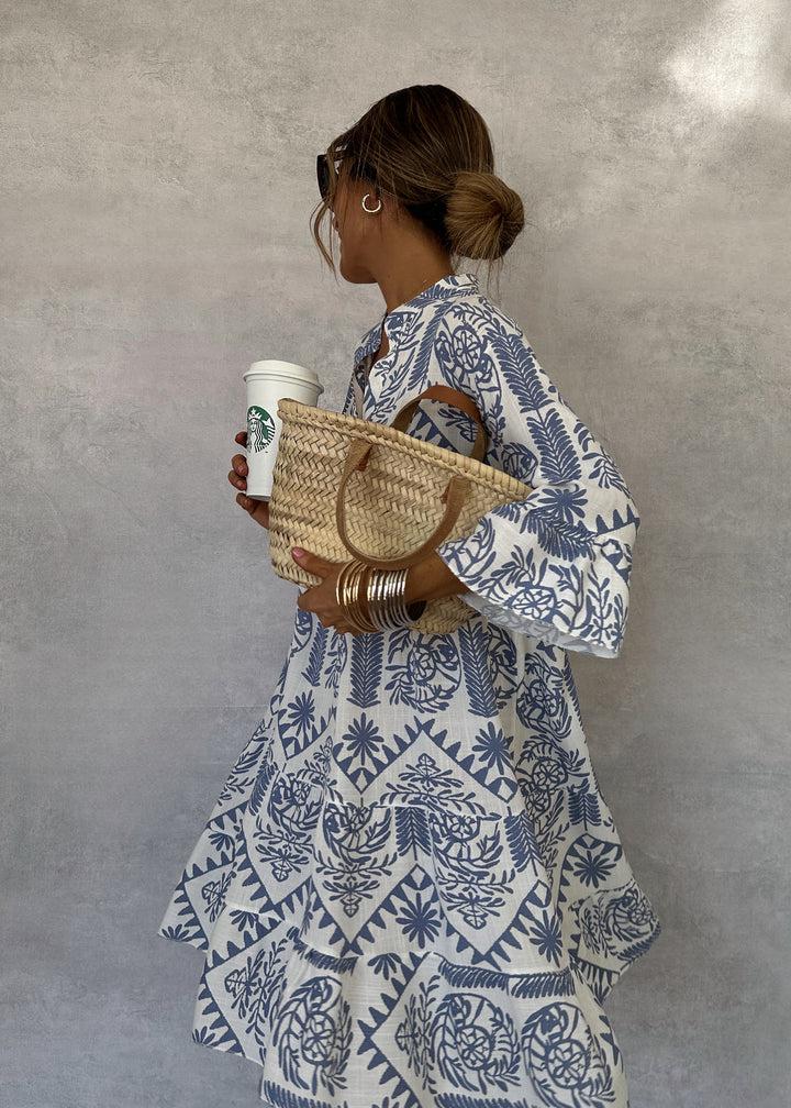 Women's Long Sleeve Mini Dress with Bohemian Print and Relaxed Fit