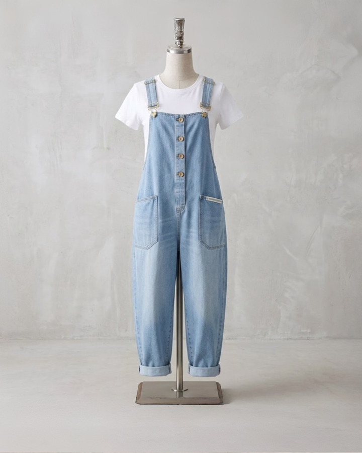 Wide-Leg Overalls with Adjustable Straps and Vintage Denim Aesthetic