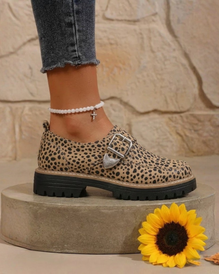 Animal Print Slip-On Loafers with Metallic Buckle Detail and Lug Sole