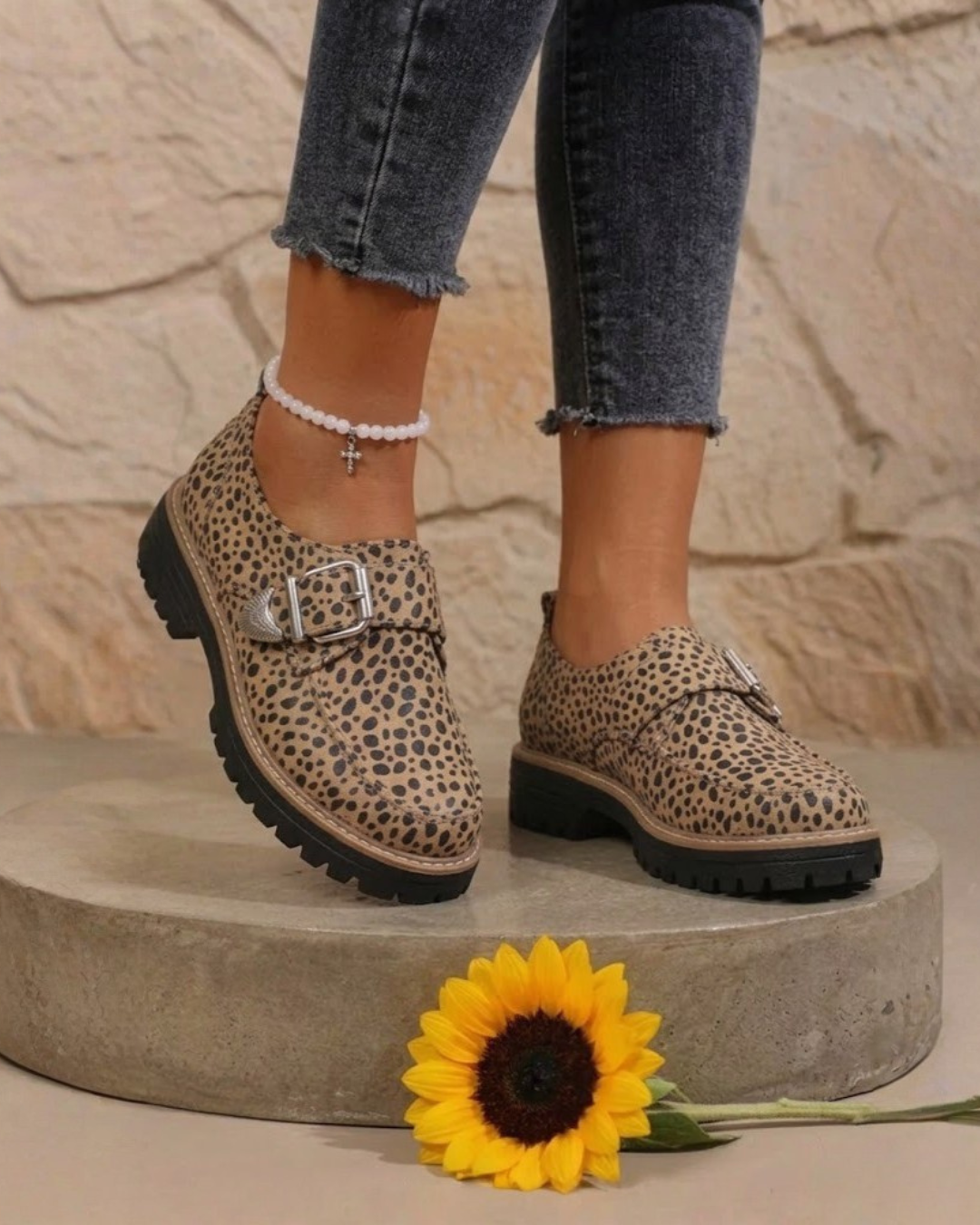 Animal Print Slip-On Loafers with Metallic Buckle Detail and Lug Sole