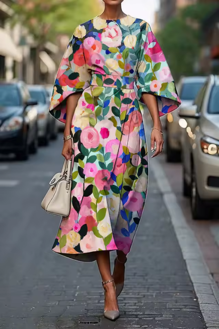 Floral Print Dress with Fitted Bodice and A-Line Skirt, Breathable Fabric