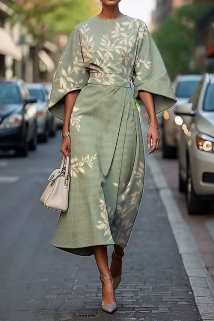 Floral Print Dress with Fitted Bodice and A-Line Skirt, Breathable Fabric