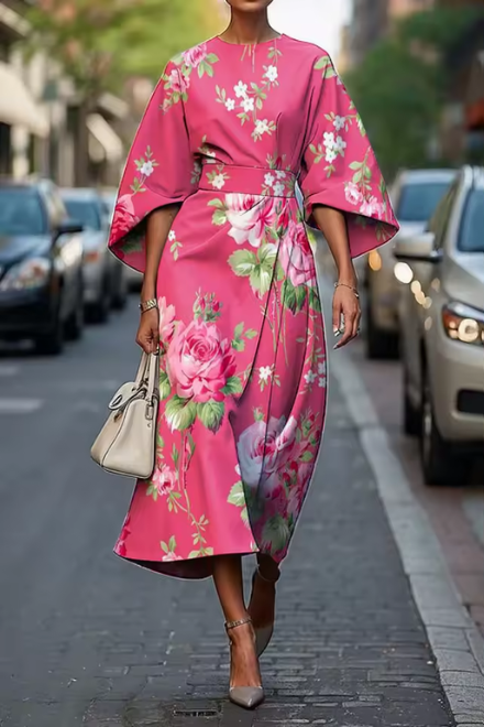 Floral Print Dress with Fitted Bodice and A-Line Skirt, Breathable Fabric