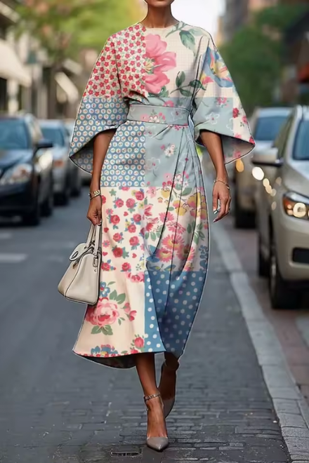 Floral Print Dress with Fitted Bodice and A-Line Skirt, Breathable Fabric