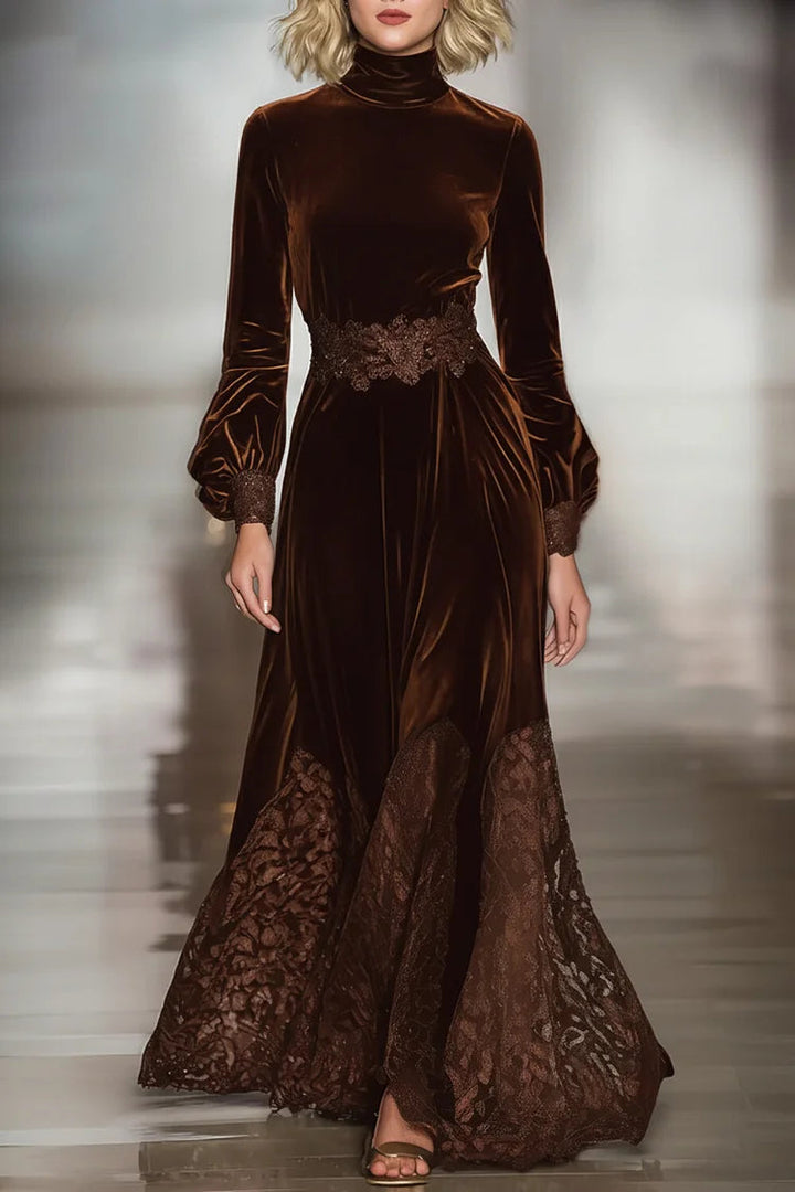 Maxi Velvet Dress with Turtleneck and Lace Trim, Long Sleeves