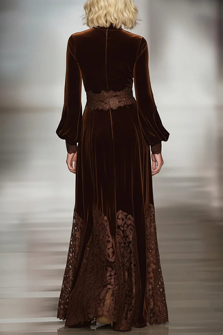 Maxi Velvet Dress with Turtleneck and Lace Trim, Long Sleeves