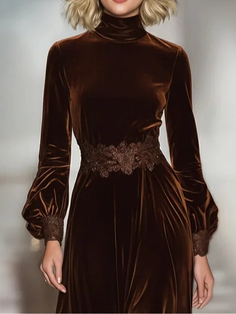 Maxi Velvet Dress with Turtleneck and Lace Trim, Long Sleeves
