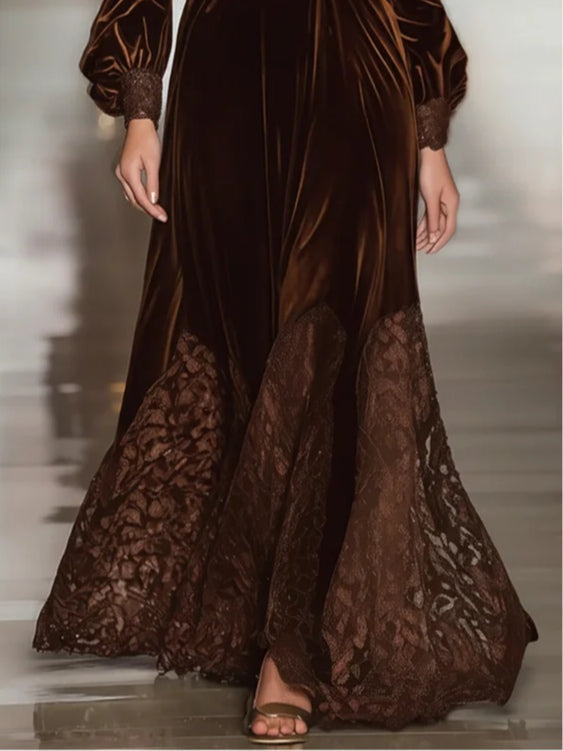 Maxi Velvet Dress with Turtleneck and Lace Trim, Long Sleeves