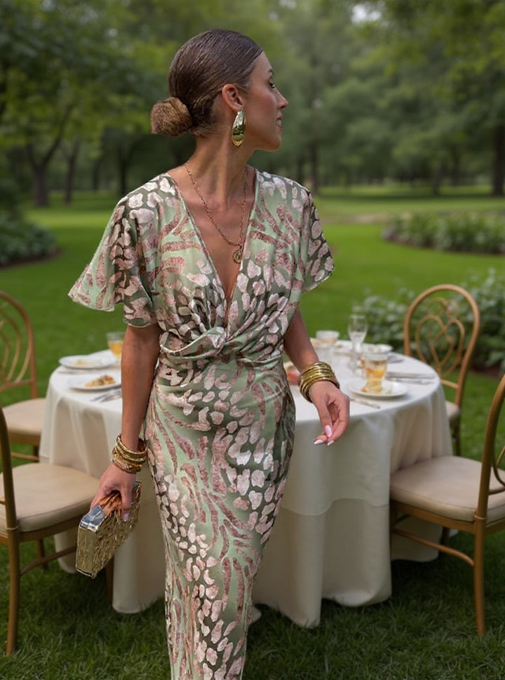 Wrap Maxi Dress with Deep V-Neckline and Floor-Length Design