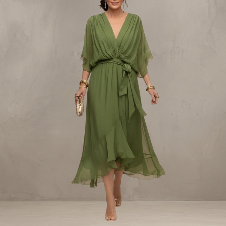 Chiffon Dress with V-Neckline and Flowing Silhouette
