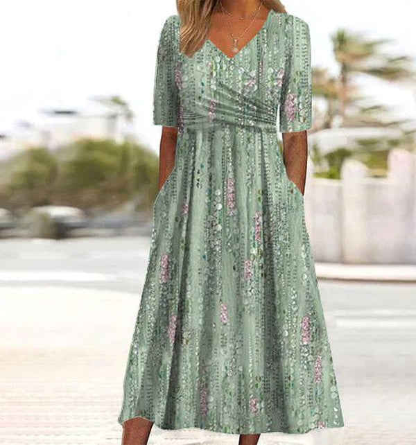 Botanical Print A-Line Midi Dress with Side Pockets and Tummy Coverage