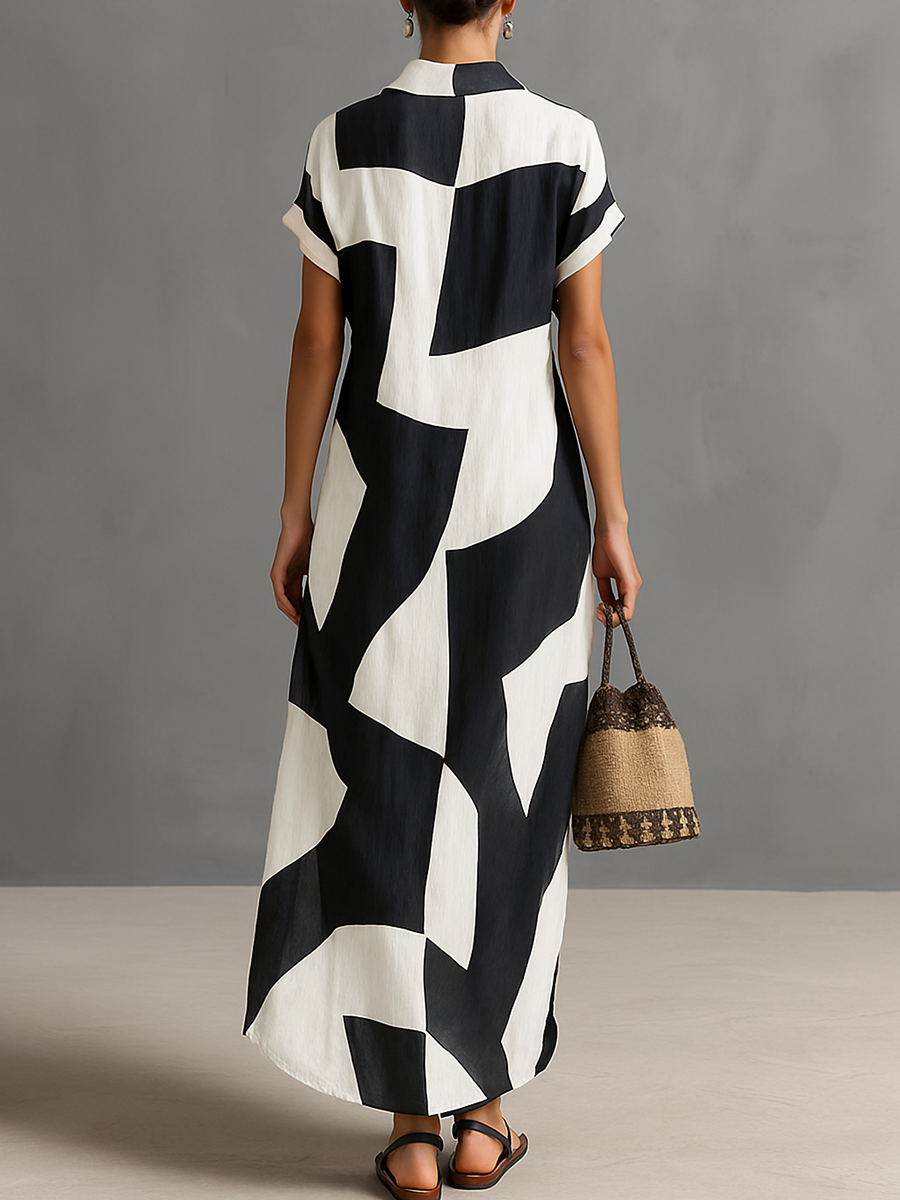 Maxi Shirt Dress with Geometric Print and Cotton Linen Blend, Short Sleeve