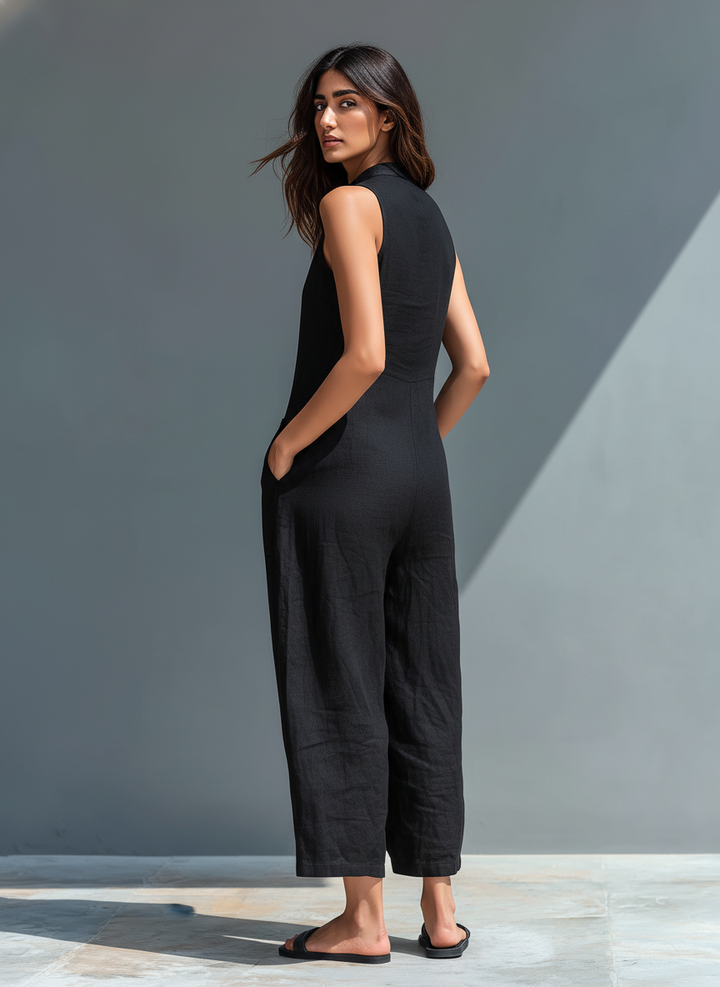 Sleeveless Jumpsuit with Mandarin Collar and Button-Front Closure