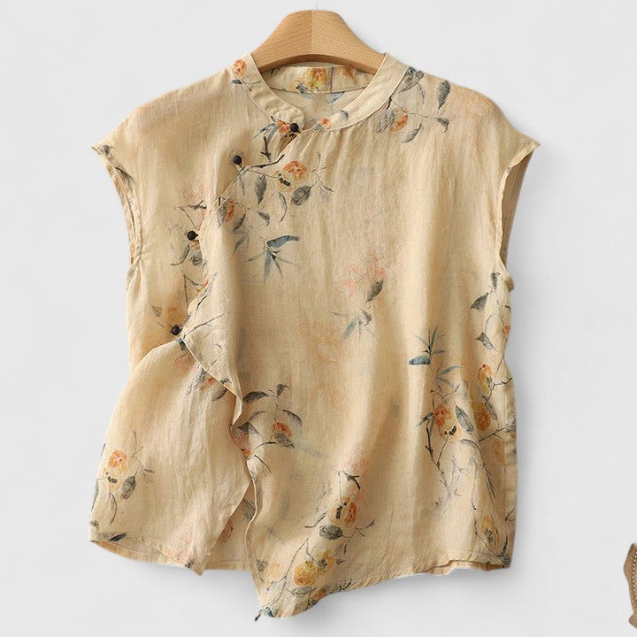 Sleeveless Top with Stand Collar and Asymmetrical Hem, Vintage-Inspired Print